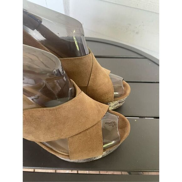 Michael Kors Mariana Suede/ Snakeskin Sling Platform/Open Toe Heels Brown Size 9 - Picture 10 of 11